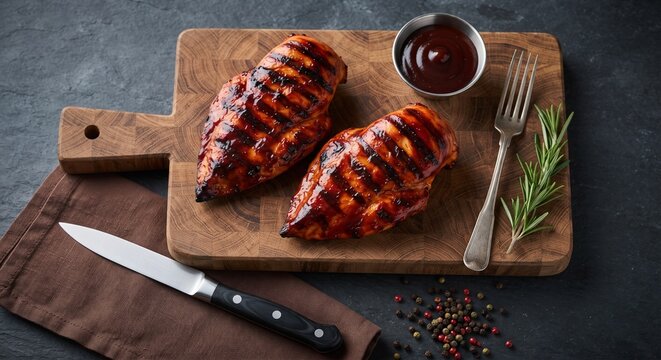 Blancs de poulet grill&eacute;s et glac&eacute;s &agrave; la sauce barbecue sur une planche &agrave; d&eacute;couper en bois