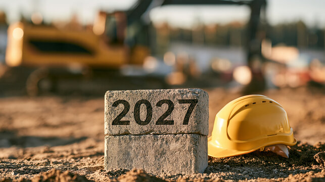 A construction helmet and a stone block engraved with the year 2027 at a construction site. Excellent for future project planning and architectural forecasting concepts.