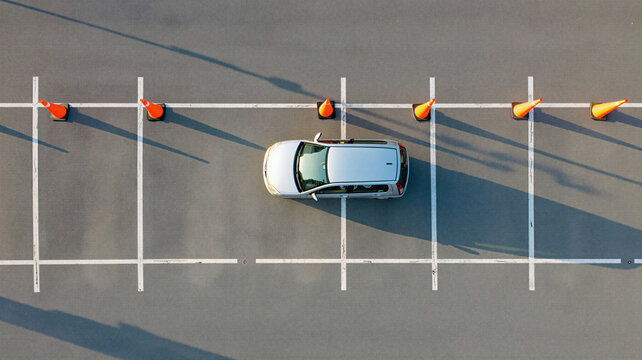 Aerial view of small hatchback parallel parking between orange