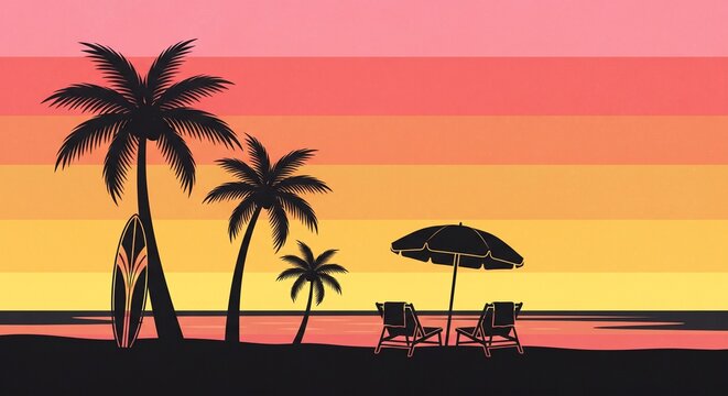 Illustration num&eacute;rique de plage tropicale au coucher du soleil avec palmiers et r&eacute;tro-design