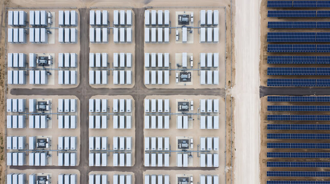Top Down Aerial View of Large Battery Energy Storage Facility Next to Solar Farm