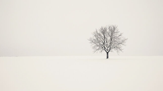 Minimalist winter landscape with single bare tree in snow