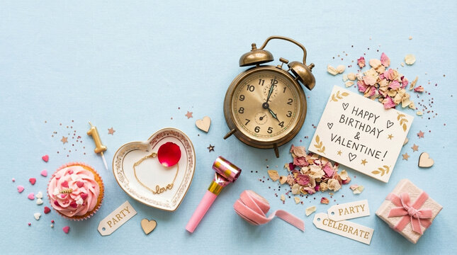 Happy Birthday Valentine Celebration still life with alarm clock gift box cupcake confetti and floral decorations