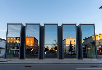 Naklejka premium Urban architecture and city development, modern glass building facade reflecting historic residential houses in a quiet street at sunset
