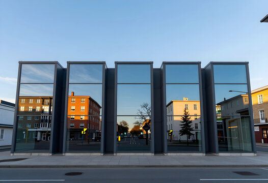 Urban architecture and city development, modern glass building facade reflecting historic residential houses in a quiet street at sunset