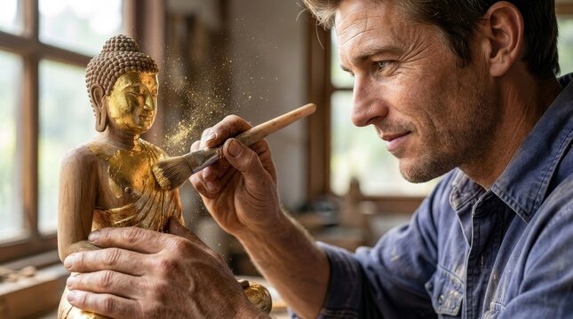 Macro shot of Thai craftsman gilding a wooden Buddha with gold leaf