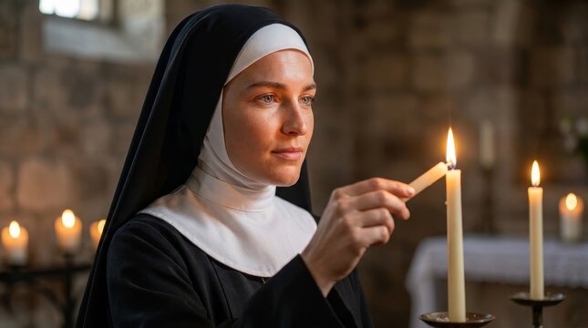 Catholic nun lighting a long candle in a dark church serene face photo