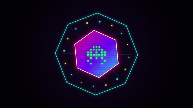 Neon glowing geometric hexagon frame with arcade spaceship loop