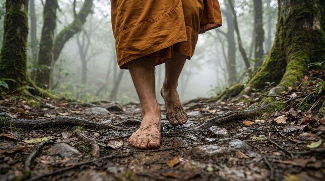 Buddhist monk in saffron robes walking barefoot on misty forest path