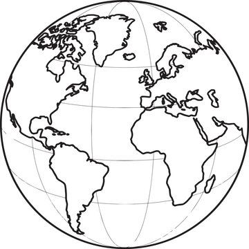 A hand drawn line art globe showing a map of the world with continents and latitude lines on white background