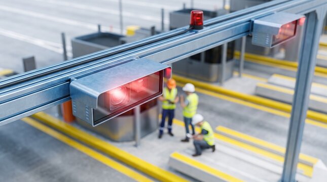 License plate recognition camera gantry with infrared glow on toll road and blurred technicians in background
