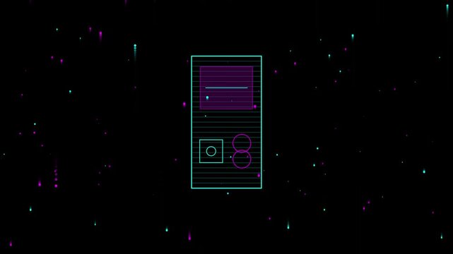 Minimalist neon line art illustration of a retro computer tower against a dark space background with scattered colorful particles