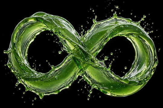 Apple juice twisting into an infinity loop on black background