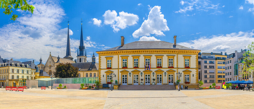 Luxembourg panorama of Luxembourg City historical centre Ville Haute quarter with Place Guillaume II Knuedler town square, City Hall Stadhaus Stad Letzebuerg neoclassical style building in summer day