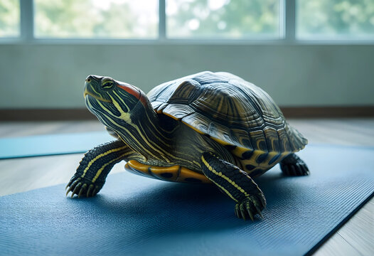 Slow living and mindfulness concept, red eared slider turtle on a blue yoga mat in a bright room, patience and wellness in a modern home environment