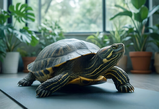 Longevity and slow living concept, red eared slider turtle resting on a yoga mat in a bright home interior with indoor plants and natural window light