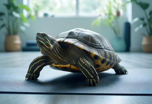 Mindfulness and slow living concept, red-eared slider turtle walking on a yoga mat in a bright home interior with indoor plants and natural light