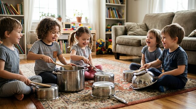 GroupYoung Happy Children Sitting Together On Living Room Floor Playing Creative Pretend Music Game Using Kitchen Metal Pots As Musical Percussion Instruments Indoor Childhood Imagination Fun