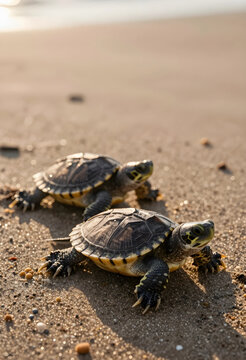 Wildlife conservation and biodiversity, two small turtles walking on sandy beach at sunset, nature protection and ecosystem health in coastal habitat