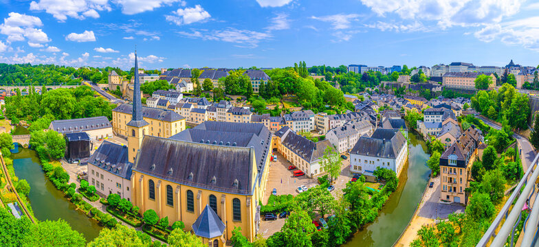 Luxembourg panorama, aerial panoramic view Luxembourg City historic centre, old town Grund district in Alzette river valley, old buildings, Neimunster Abbey, Saint John Church, Rham Plateau buildings