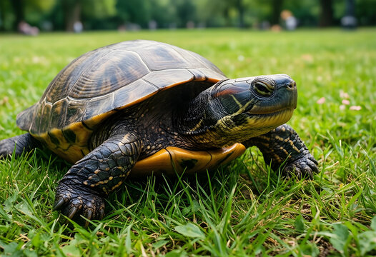 Longevity and patience concept, red-eared slider turtle walking on green grass in a park, wildlife and nature conservation, slow pace of life metaphor