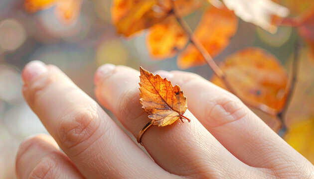 Autumn leaf ring on finger with blurred fall foliage