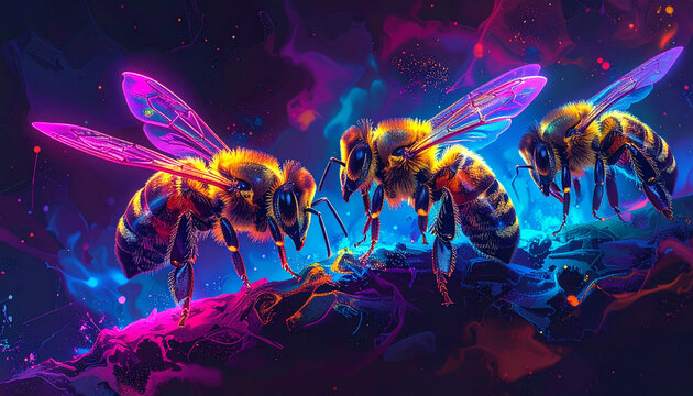 Neon glowing bees in abstract colorful background