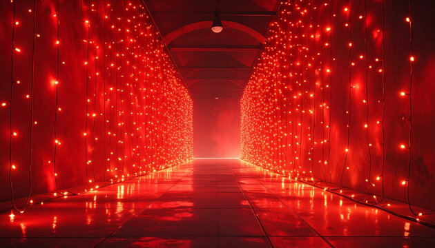 Red glowing lights tunnel hallway with fog and reflections