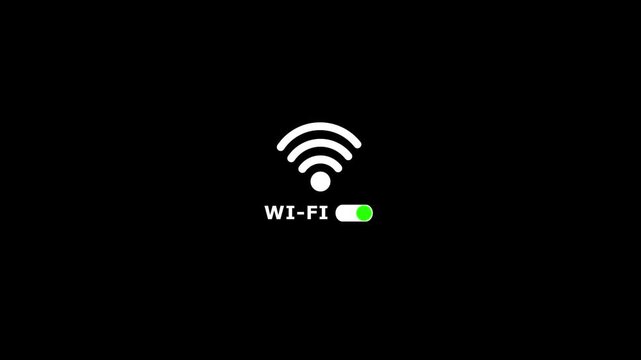 Animated Wifi icon,Wireless signal icon. wi-fi on off button slider toggle switch icon animation on black screen.Animated wifi internet network icon,wi-fi network icon.