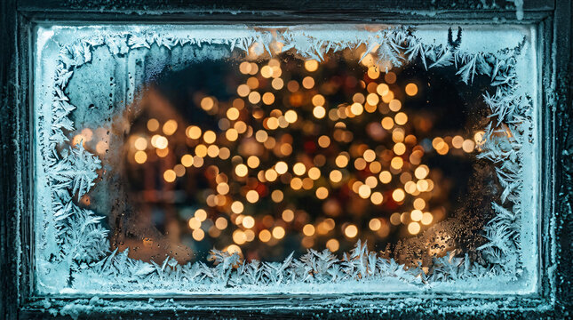 Frost on window pane framing blurred Christmas lights. Festive winter background.