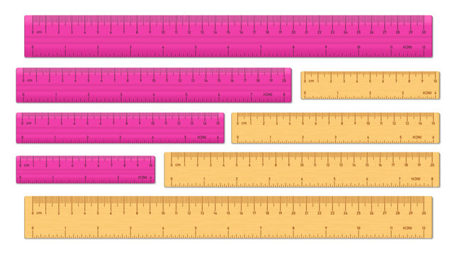 Realistic horizontal tape rulers set isolated. Pink plastic and wooden double sided measurement in cm and inches. 10cm, 15cm, 20cm, 30cm. Vector png illustration