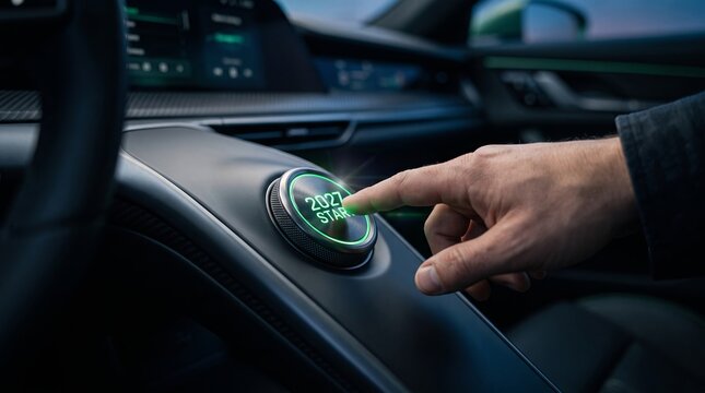 Driver pressing green glowing car start button in modern vehicle