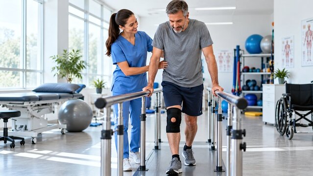 Dedicated physical therapist assisting a middle aged male patient with a knee brace as he exercises to regain strength on parallel bars
