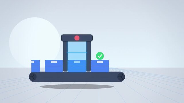 Blue inspection scanner conveyor AI ethics tilted view looping motion