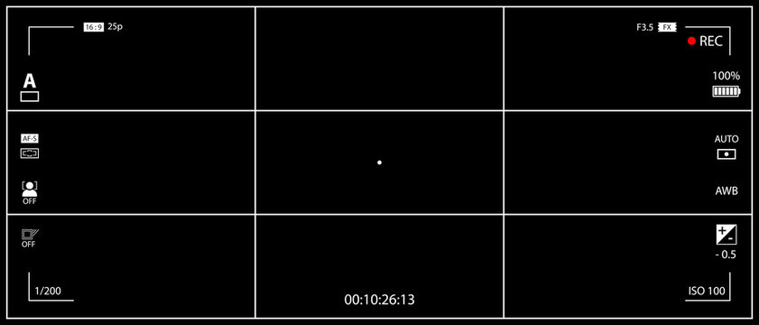 DSLR mirrorless camera rec overlay isolated on black bg. 21:9 recorder cam display. Video or photo recording screen. Viewfinder layout template. Vector illustration