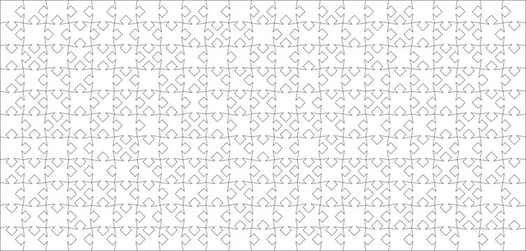 Detailed various shapes puzzle grid outline overlay. Jigsaw puzzle blank template. 23x11 shapes, 253 pieces. Separate matching puzzle elements. Vector png