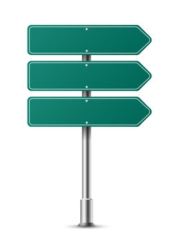 Realistic green arrows traffic sign on metal steel pole isolated. Green road panel mockup - direction highway, board traffic, city board location, street roadsign, stop, guide, signboard. Vector PNG