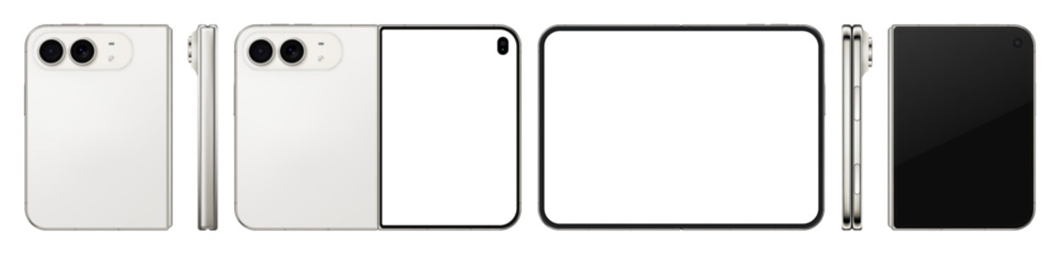 Detailed folded white new mobile phone mockup. Front, side and rear smartphone view isolated on transparent background. Vector PNG