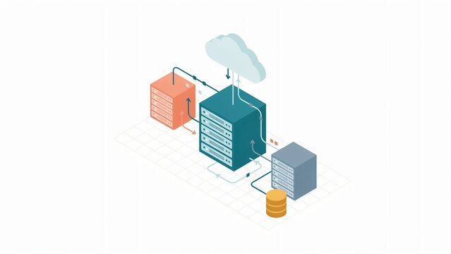 Hybrid cloud server infrastructure diagram with database and data center connection isometric vector