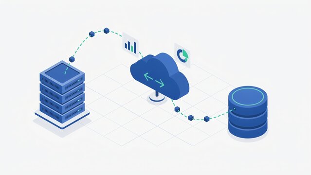 Cloud computing infrastructure diagram with server rack and database data transfer isometric vector