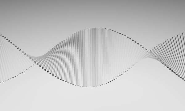 Double helix spiral made of thin glass rods on a gray gradient background, abstract DNA concept, 3d render