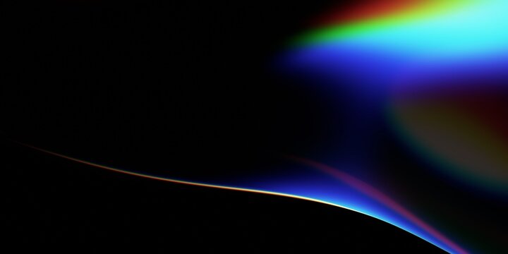 Rainbow prism light glow and thin curved glowing line on a dark black background, abstract spectrum, 3d render