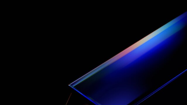 Diagonal glass prism slab with blue gradient and rainbow edge on a dark black background, 3d render