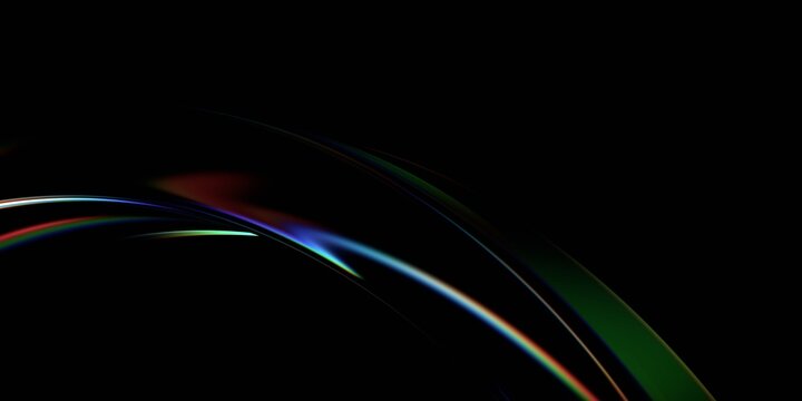Thin curved iridescent glass arcs with subtle rainbow highlights on a dark black background, minimal abstract, 3d render