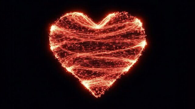 Glowing red particle and line heart shape on a black background. Suitable for valentines, weddings, anniversaries, events, and greetings.