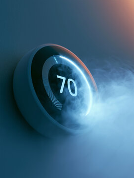 Smart thermostat displays subsidy eligibility information indoors at night