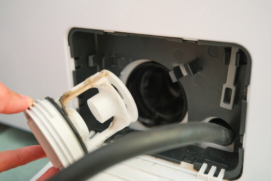 Unscrewing and removing washing machine drain pump filter for cleaning, closeup of routine household cleaning and appliance maintenance. Washing machine cleaning routine