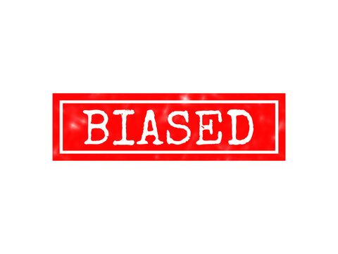 A rectangular red rubber stamp with the word biased written in white capital letters on a solid black background, for moderation labels isolated on a transparent background