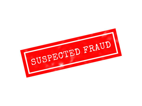 A rectangular red rubber stamp with the text suspected fraud written in white capital letters, isolated on a solid black background, for security isolated on a transparent background