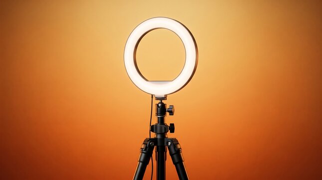 Glowing ring light on black tripod against warm orange background